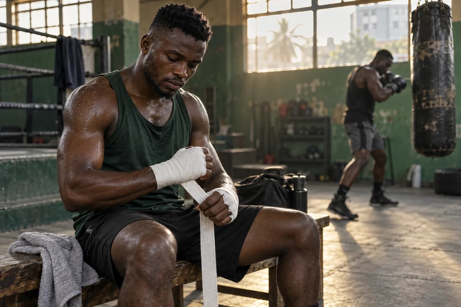 A boxer preparing his hand wraps in a sunlit gym
